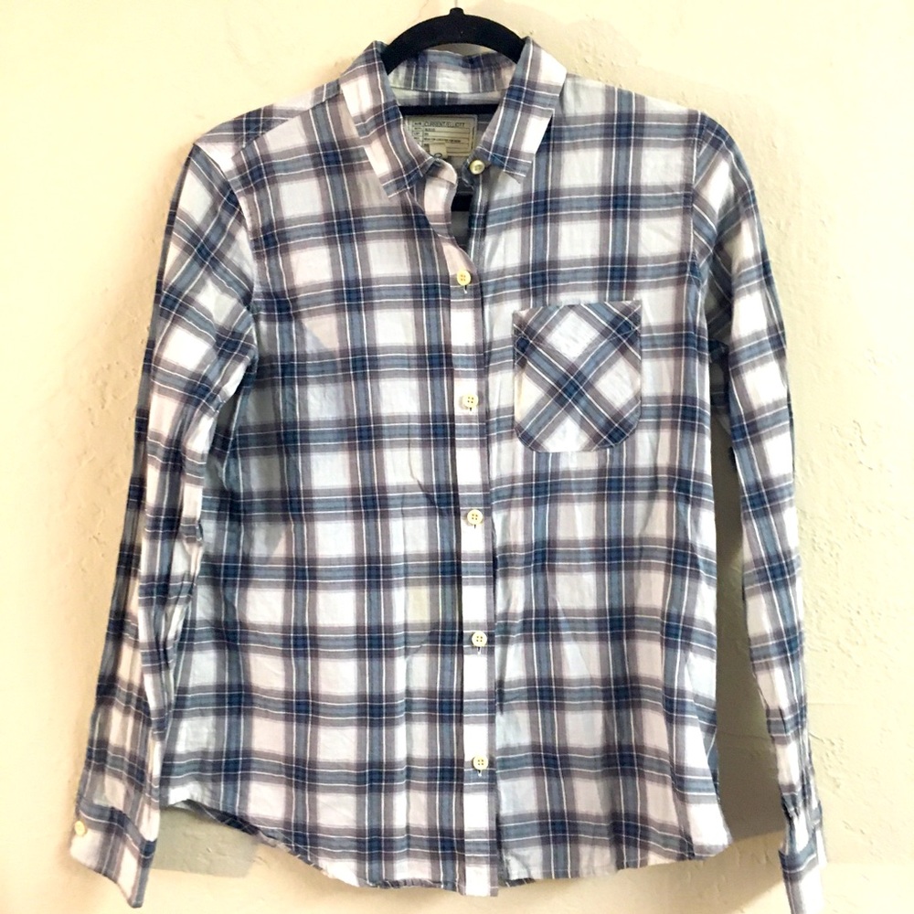Current Elliot Plaid Button Down Blouse Size 0= US 2 Blue Fall Casual Cotton - Picture 2 of 10